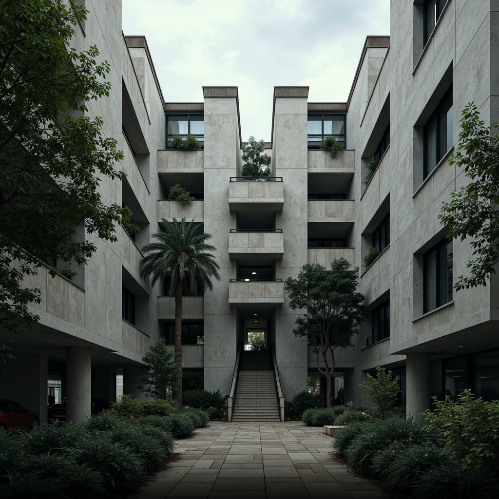 Prompt: Rugged concrete walls, brutalist architecture, fortress-like buildings, fortress windows, heavy stone foundations, raw unfinished surfaces, monumental staircases, imposing columns, geometric shapes, fortress-like entrances, urban campus setting, dense foliage surroundings, moody overcast skies, dramatic shadows, high contrast lighting, intense textures, 3/4 composition, low-angle shot, cinematic atmosphere.