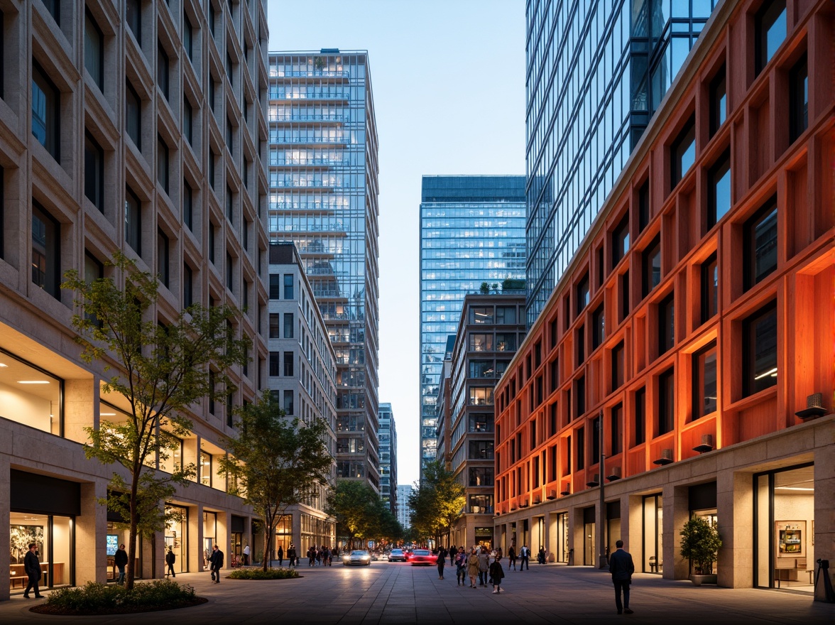 Prompt: Vibrant cityscape, urban landscape, modern skyscrapers, metallic buildings, sleek glass facades, neutral beige tones, deep blue accents, rich wood textures, bold red highlights, natural stone walls, intricate tile patterns, ambient warm lighting, shallow depth of field, 2/3 composition, realistic reflections, soft focus blur.