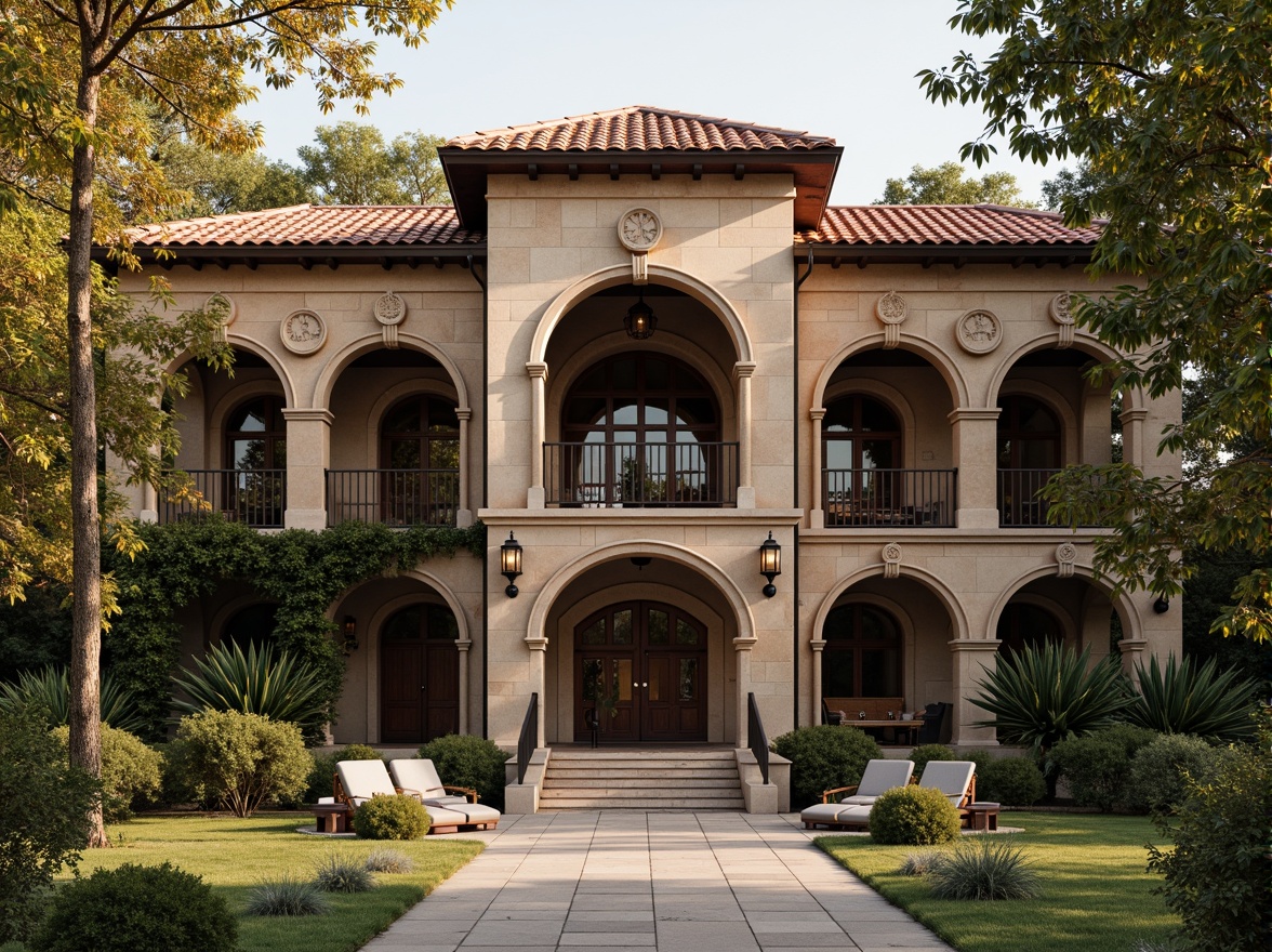 Prompt: Rustic school facade, Romanesque arches, ornate stone carvings, red terracotta roof tiles, grand entranceways, heavy wooden doors, intricate metalwork, lantern-inspired lighting fixtures, ivy-covered walls, limestone blocks, medieval-inspired design, symmetrical composition, warm golden light, shallow depth of field, 2/3 composition, realistic textures, ambient occlusion.