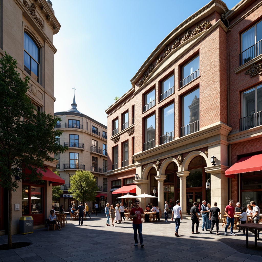 Prompt: Vibrant market square, eclectic facade fusion, ornate Victorian details, modern metallic accents, intricate stonework, grand archways, bustling commercial activity, colorful vendor stalls, lively street performers, warm sunny day, soft natural lighting, shallow depth of field, 1/2 composition, dramatic contrast, realistic textures, ambient occlusion.