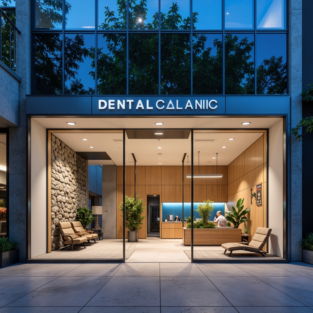 Prompt: Modern dental clinic, sleek glass facade, minimalist entrance, stainless steel frames, LED signage, calming blue accents, natural stone walls, wooden interior design, comfortable waiting area, ergonomic chairs, green plants, soft warm lighting, shallow depth of field, 3/4 composition, realistic textures, ambient occlusion, urban cityscape, morning sunlight, subtle shadows.