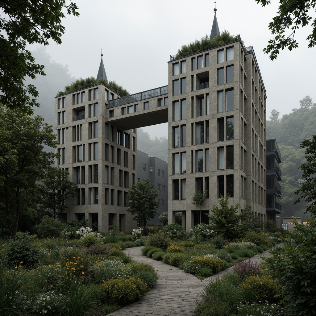 Prompt: Rugged brutalist building, exposed concrete walls, industrial metal beams, angular lines, fortress-like structure, lush green roofs, overgrown vegetation, wildflowers, meandering pathways, natural stone walkways, weathered wood accents, dramatic lighting effects, deep shadows, atmospheric mist, panoramic view, 3/4 composition, realistic textures, ambient occlusion.