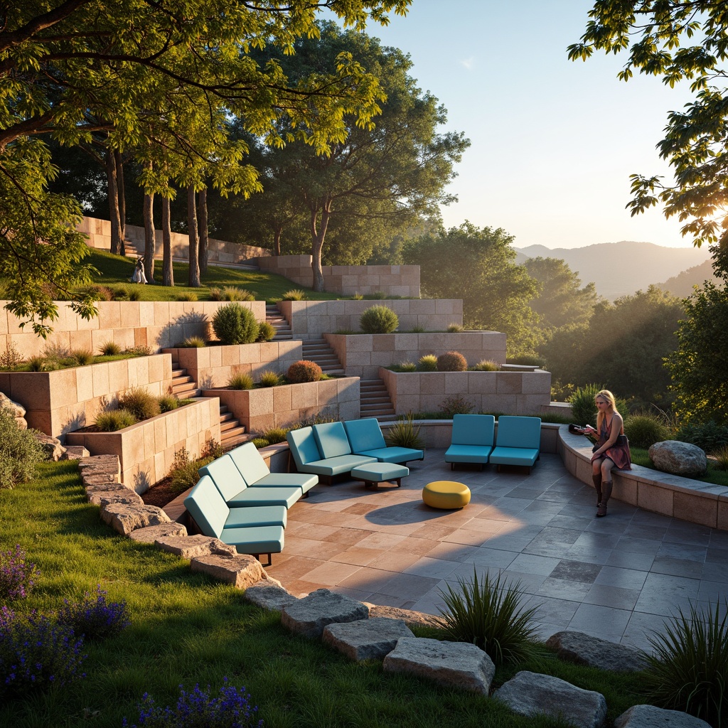 Prompt: Vibrant outdoor amphitheater, gradient blue seats, warm beige stone walls, lush green grassy slopes, natural wood accents, earthy terracotta flooring, soft golden lighting, sunset-inspired color palette, gentle misting system, panoramic views, 3/4 composition, realistic textures, ambient occlusion.