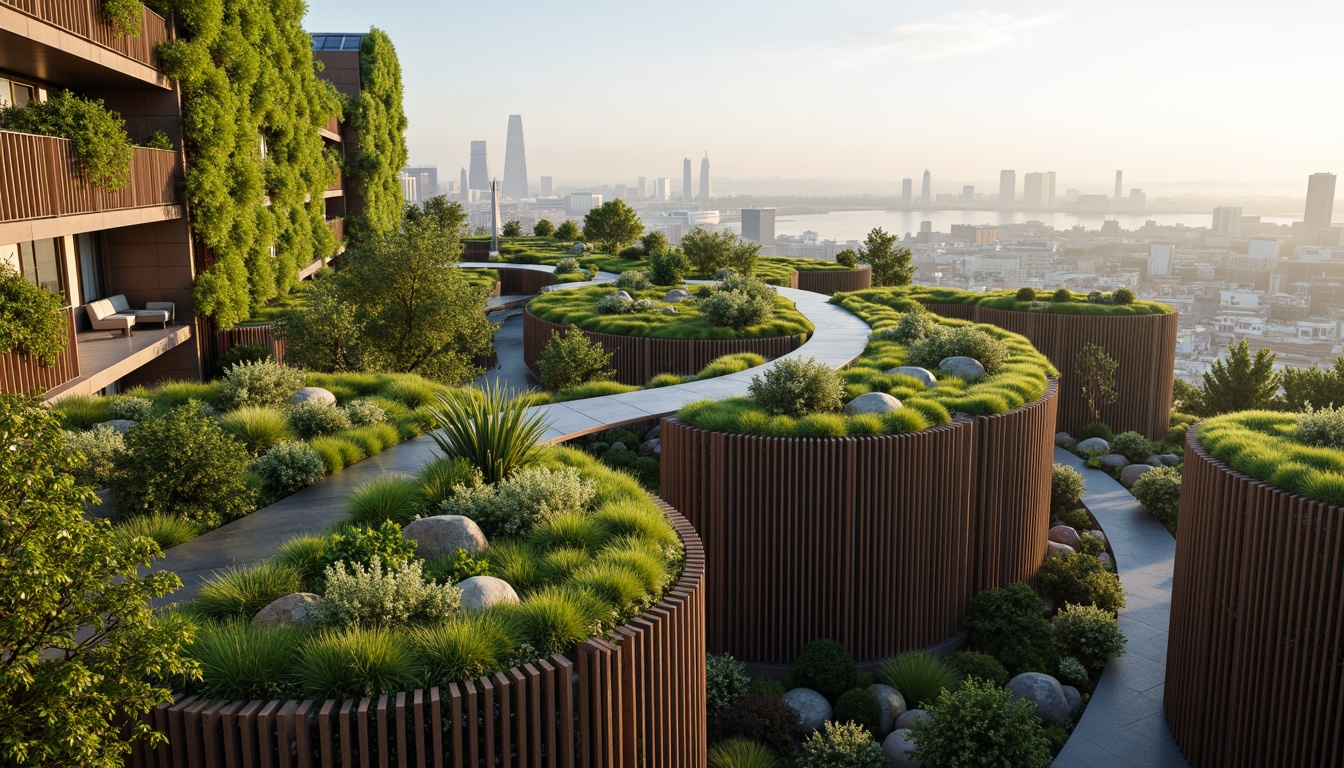 Prompt: Vibrant green roofs, lush vertical gardens, organic curved lines, futuristic biomimicry architecture, sustainable energy harvesting systems, solar panels, wind turbines, rainwater collection systems, natural stone walls, reclaimed wood accents, floor-to-ceiling windows, panoramic city views, misty morning atmosphere, soft warm lighting, shallow depth of field, 3/4 composition, realistic textures, ambient occlusion.