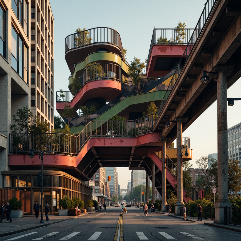 Prompt: Eccentric bridge architecture, eclectic mix of materials, rusty steel beams, rough-hewn stone foundations, intricate ironwork railings, ornate lamp posts, vibrant color accents, dynamic shape combinations, asymmetrical compositions, bold structural elements, cantilevered sections, sweeping arches, grand entrance gates, urban cityscape backdrop, misty atmospheric lighting, warm golden hour glow, shallow depth of field, 1/2 composition, dramatic perspective view, highly detailed textures, ambient occlusion.