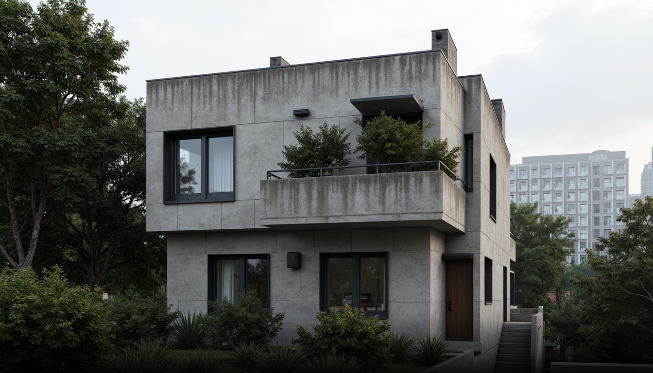 Prompt: Rugged brutalist house facade, raw concrete texture, fortress-like structure, angular geometric shapes, small windows, minimalist ornamentation, industrial-style metal accents, bold cantilevered roofs, dramatic shading, intense contrast lighting, low-key color palette, urban cityscape background, dense tree foliage, misty atmospheric effect, shallow depth of field, 2/3 composition, realistic rough surfaces, ambient occlusion.