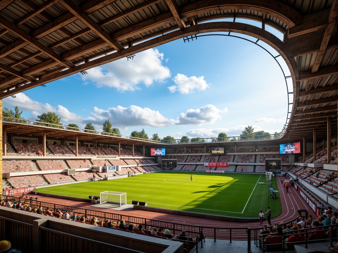 Prompt: Rustic soccer stadium, regional materials, earthy tones, natural stone walls, wooden bleachers, corrugated metal roofs, exposed brick fa\u00e7ades, steel frames, vibrant team colors, lush green grass, athletic tracks, sports equipment, scoreboard displays, floodlighting, dramatic shadows, 3/4 composition, low-angle view, realistic textures, ambient occlusion.Let me know if you need any adjustments!