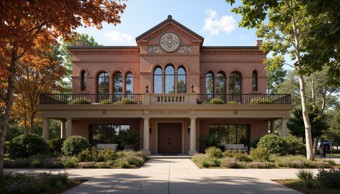 Prompt: Rustic school building, Romanesque style fa\u00e7ade, arched windows, ornate stone carvings, grand entrance doors, weathered brick walls, decorative tympanum, vaulted ceilings, columnar supports, intricate murals, warm earthy tones, soft natural lighting, shallow depth of field, 1/2 composition, detailed textures, ambient occlusion, lush greenery, blooming flowers, tranquil atmosphere.