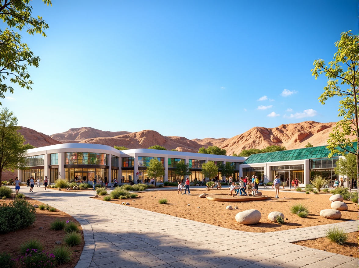 Prompt: Futuristic elementary school, curved lines, metallic fa\u00e7ade, LED lighting, solar panels, green roofs, eco-friendly materials, innovative cooling systems, shaded outdoor spaces, misting systems, vibrant colorful accents, intricate geometric motifs, desert landscape, sandy dunes, cactus plants, hot sunny day, clear blue sky, vast open space, modern playground equipment, climbing frames, slides, swings, benches, educational signs, natural stone walkways, blooming trees, sunny day, soft warm lighting, shallow depth of field, 3/4 composition, panoramic view, realistic textures, ambient occlusion.