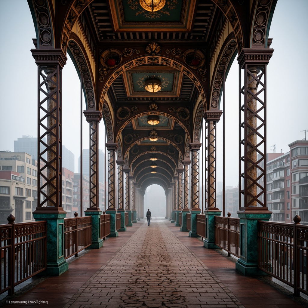 Prompt: Eclectic bridge, intricate metal latticework, ornate stone carvings, vibrant colored tiles, Gothic-inspired arches, Renaissance-style columns, Industrial-era steel beams, modern cable-stayed systems, sweeping curved lines, asymmetrical compositions, dramatic lighting effects, misty atmospheric conditions, soft warm color palette, high contrast textures, detailed structural elements, richly ornamented railings, grandeur-scale architecture, urban cityscape backdrop, 1/2 composition, shallow depth of field.