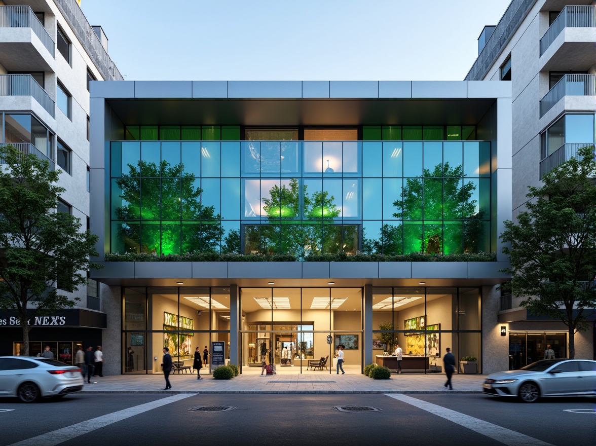 Prompt: Modern dental clinic facade, sleek glass surfaces, minimalist metal frames, vibrant LED lighting, calming green walls, natural stone accents, geometric patterns, futuristic architecture, urban cityscape, busy street scene, morning sunlight, shallow depth of field, 1/1 composition, realistic textures, ambient occlusion.