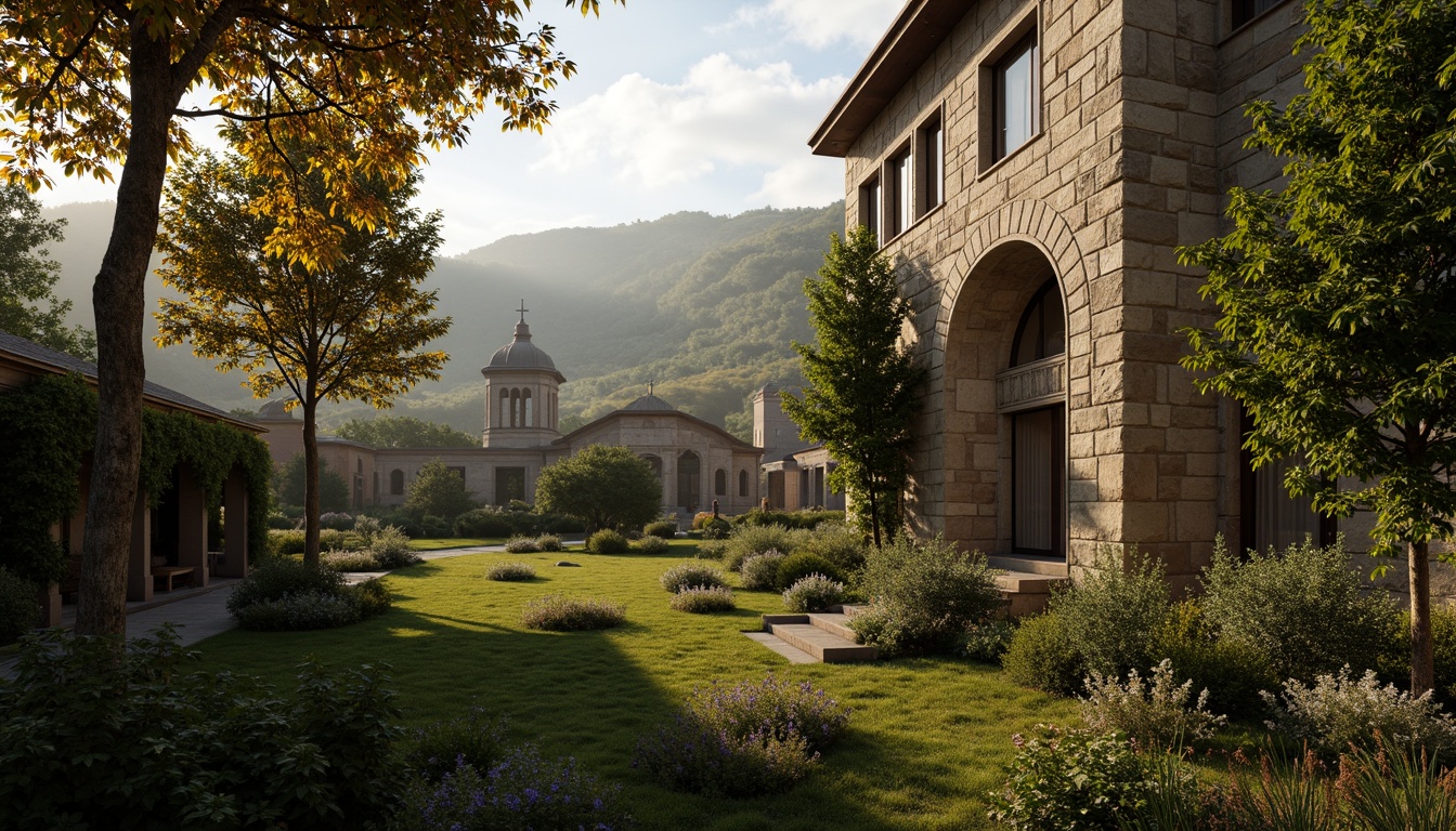 Prompt: Rustic stone buildings, arched windows, ornate carvings, lush greenery, overgrown vines, ancient trees, serene countryside, rolling hills, misty morning, warm golden lighting, soft focus, 1/1 composition, intimate atmosphere, natural textures, ambient occlusion, earthy tones, moss-covered walls, weathered stone surfaces, tranquil ambiance.