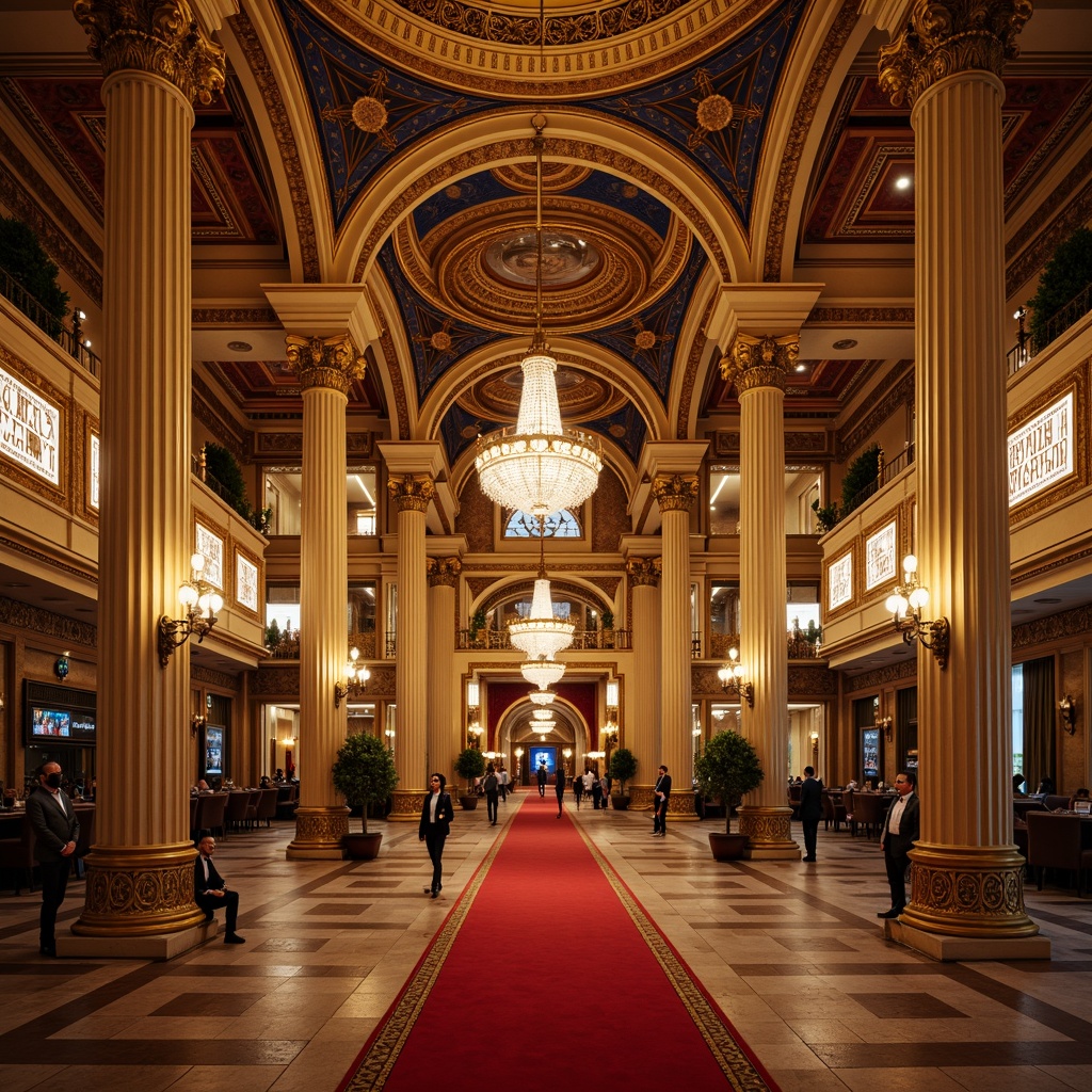 Prompt: Grandiose casino facade, ornate Corinthian columns, intricately carved stonework, lavish golden details, majestic archways, symmetrical composition, grand entrance, red carpet, crystal chandeliers, opulent interior design, luxurious textures, warm ambient lighting, shallow depth of field, 1/1 composition, realistic reflections, detailed architectural ornaments, subtle gradient maps.