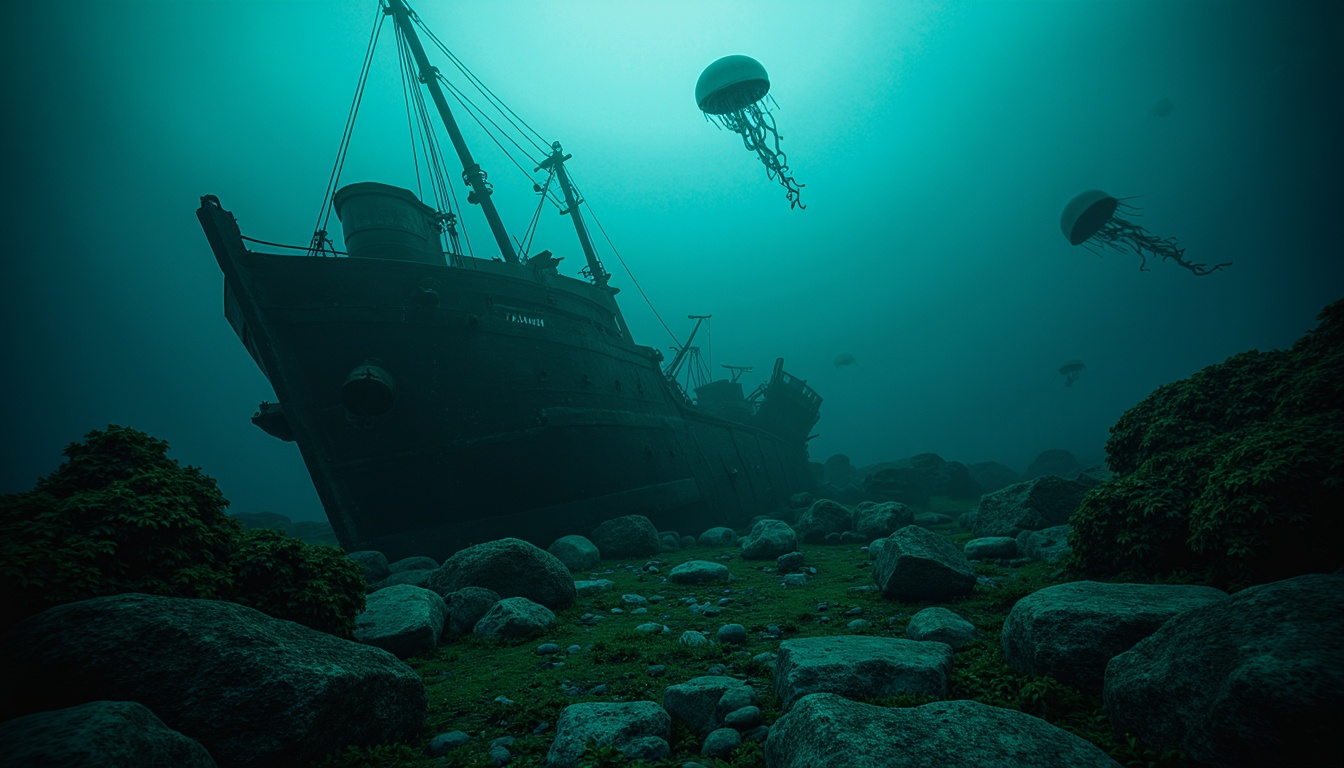 Prompt: Mysterious underwater scene, dark cyan hues, eerie bioluminescent creatures, glowing jellyfish, abandoned shipwreck, rusty metal debris, seaweed-covered rocks, misty ocean atmosphere, soft blue-green lighting, shallow depth of field, 1/2 composition, cinematic mood, realistic water textures, subtle ambient occlusion.