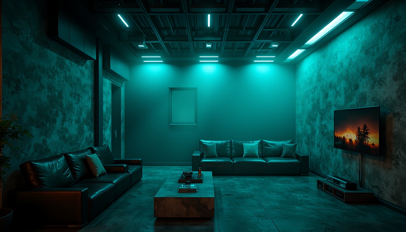 Prompt: Moody dark cyan walls, mysterious ambiance, futuristic neon lights, metallic accents, high-tech gadgets, sleek modern furniture, minimalist decor, abstract digital art, atmospheric mist, dramatic shadows, cinematic lighting, 1/1 composition, shallow depth of field, realistic reflections, ambient occlusion.