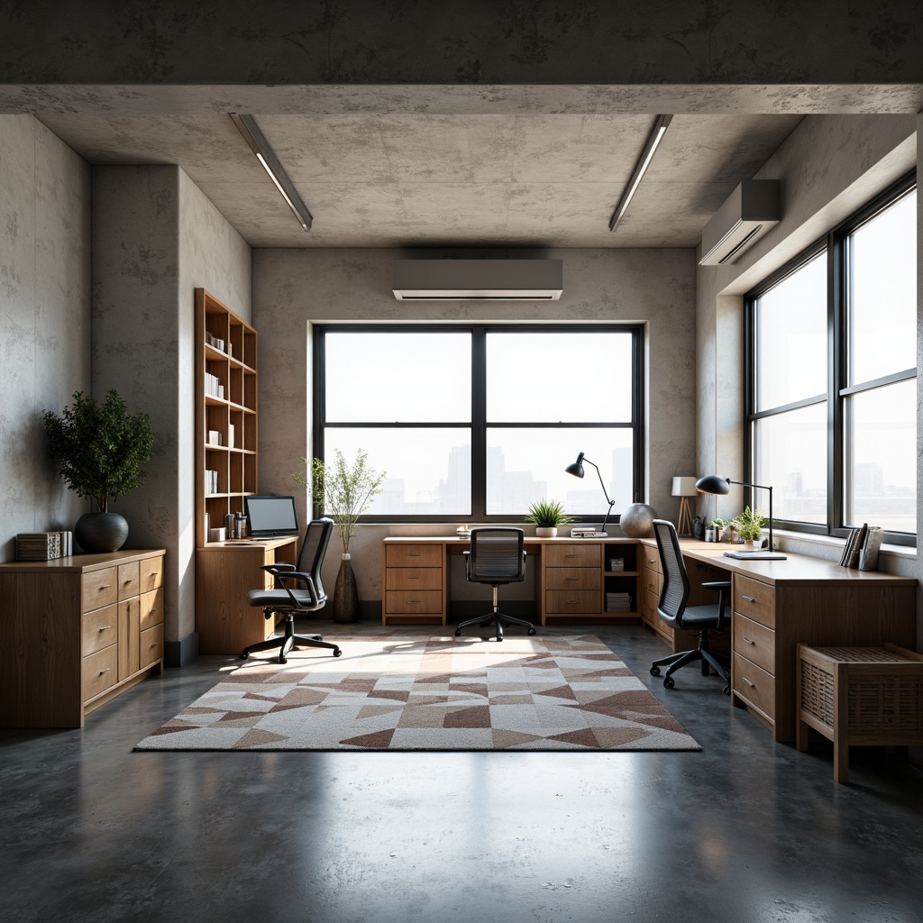 Prompt: Minimalist dorm room, modern furniture, sleek lines, monochromatic color scheme, industrial chic decor, polished concrete floors, geometric patterned rugs, functional storage units, compact desks, ergonomic chairs, floor-to-ceiling windows, natural light, soft warm ambiance, 1/1 composition, shallow depth of field, realistic textures, ambient occlusion.