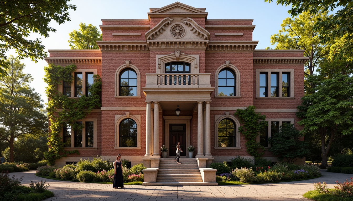 Prompt: Historic courthouse building, ornate brick facade, intricate masonry details, rusticated quoins, arched windows, grand entranceways, columned porticos, ornamental stonework, weathered red brick, ivy-covered walls, lush greenery, mature trees, sunny afternoon, soft warm lighting, shallow depth of field, 3/4 composition, realistic textures, ambient occlusion.