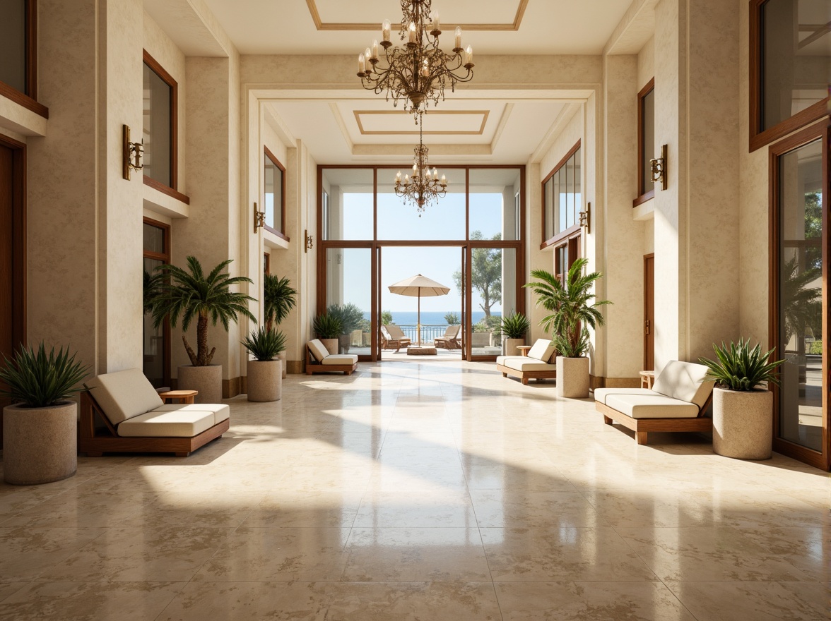 Prompt: Luxurious hotel lobby, high ceilings, grand chandeliers, polished marble floors, spacious atrium, abundant natural light, floor-to-ceiling windows, sliding glass doors, outdoor pool deck, sun loungers, tropical plants, warm beige tones, creamy whites, soft warm lighting, minimal shading, 1/2 composition, symmetrical balance, realistic reflections, ambient occlusion.