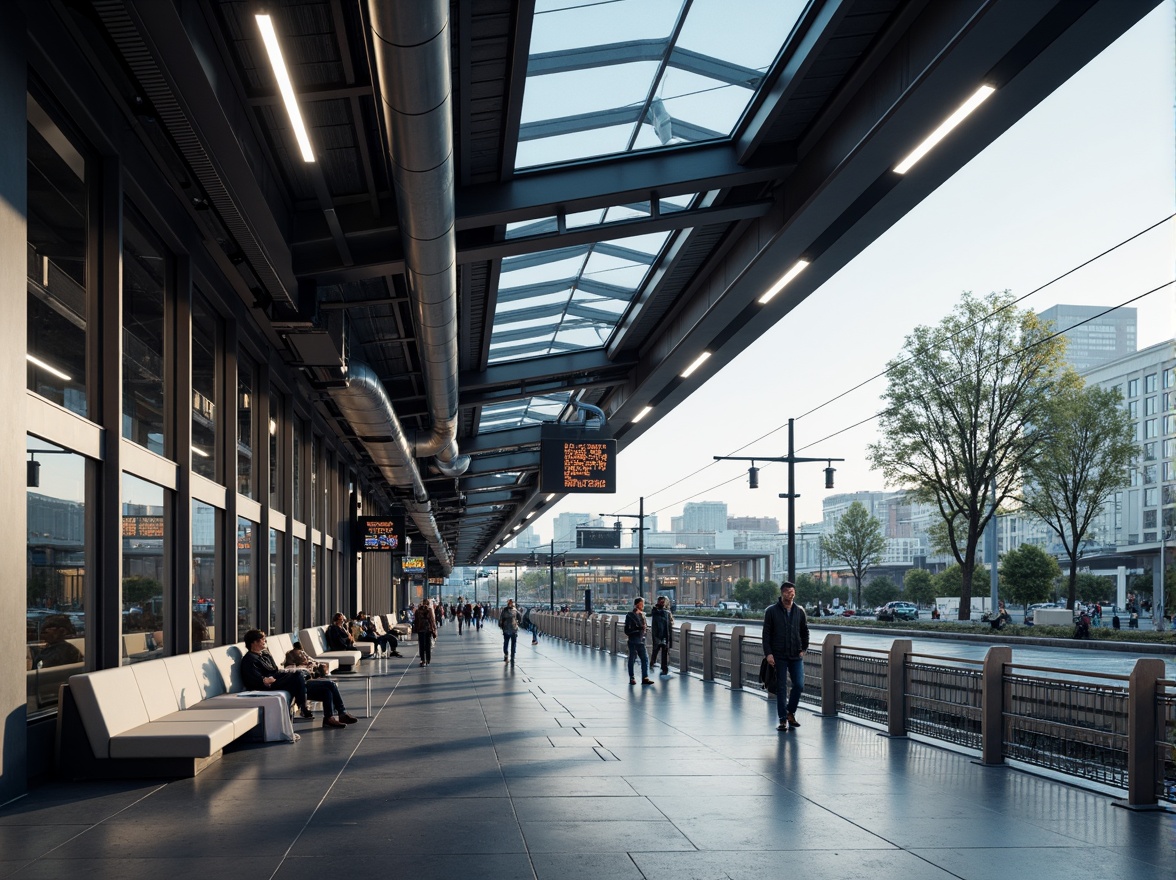 Prompt: Modern transportation hub, sleek metal fa\u00e7ade, glass roofs, polished concrete floors, industrial-style lighting, exposed ductwork, minimalist seating areas, stainless steel handrails, LED signage, dynamic digital displays, futuristic architecture, high-tech materials, metallic accents, reflective surfaces, angular lines, urban cityscape, bustling atmosphere, morning rush hour, soft natural light, shallow depth of field, 1/1 composition, realistic textures, ambient occlusion.