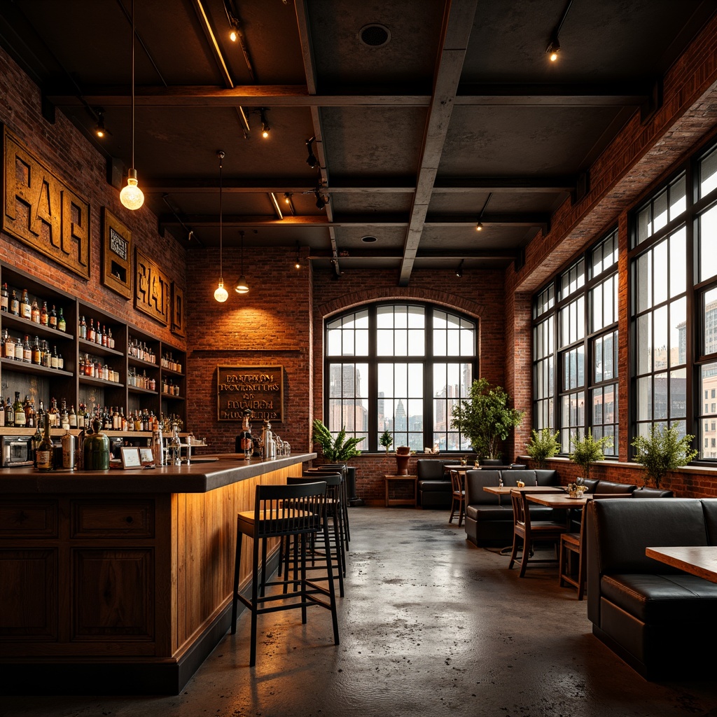 Prompt: Rustic industrial bar, exposed brick walls, metallic beams, reclaimed wood accents, distressed concrete floors, vintage factory windows, Edison bulb lighting, rich leather upholstery, ornate metalwork details, bold typography signage, urban cityscape views, warm golden hour lighting, shallow depth of field, 2/3 composition, gritty realistic textures, ambient occlusion.