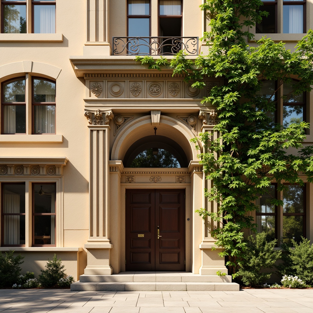 Prompt: Elegant academic building facade, neoclassical architecture style, grand entrance gates, ornate stone carvings, arched windows, columns with Corinthian capitals, symmetrical composition, rusticated base, warm beige stone walls, decorative cornices, intricate moldings, classic pediments, vibrant green ivy climbing, sunny afternoon light, soft shadows, 1/1 composition, realistic textures, ambient occlusion.