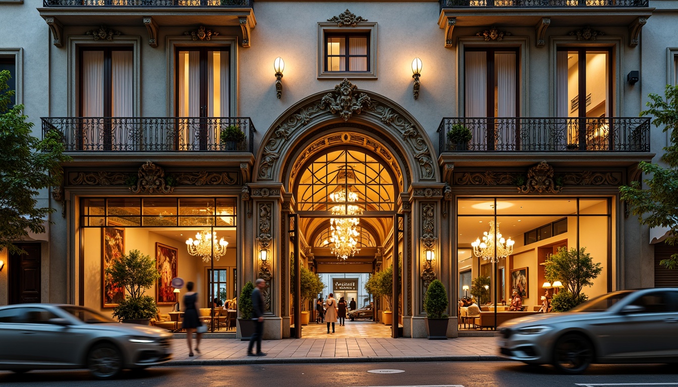 Prompt: Ornate hotel facade, sinuous lines, flowing curves, organic forms, ornamental details, floral patterns, stained glass windows, ironwork balconies, grand entrance, polished marble floors, opulent chandeliers, rich textiles, warm golden lighting, shallow depth of field, 1/2 composition, wide-angle lens, vibrant colors, intricate moldings, luxurious atmosphere, bustling city street, vintage cars, horse-drawn carriages.