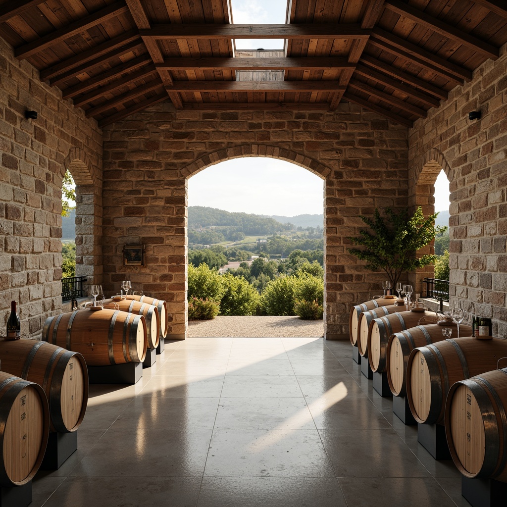 Prompt: Rustic winery, stone walls, wooden barrels, vineyard views, rolling hills, Mediterranean landscape, modern structuralist architecture, exposed steel beams, industrial chic aesthetic, polished concrete floors, minimalist decor, functional spaces, wine cellar, tasting room, fermentation tanks, oak aging rooms, natural ventilation systems, clerestory windows, soft diffused lighting, 1/1 composition, symmetrical framing, warm earthy tones, ambient occlusion.