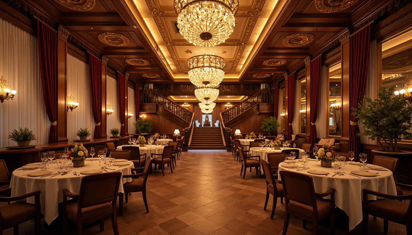 Prompt: Elegant dining hall, lavish chandeliers, warm golden lighting, soft candlelight, ornate metalwork, intricate carvings, rich velvet drapes, luxurious furnishings, grand staircases, opulent crystal fixtures, delicate lace details, romantic ambiance, warm color palette, subtle shadows, dramatic ceiling heights, symmetrical composition, 1/2 shot framing, warm atmospheric lighting, realistic reflections, ambient occlusion.