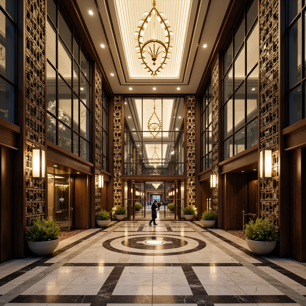 Prompt: Glamorous office building, ornate Art Deco facade, geometric patterns, metallic accents, grand entrance, revolving doors, polished marble lobby, luxurious chandeliers, high ceilings, large windows, vertical lines, symmetrical composition, warm golden lighting, shallow depth of field, 1/2 composition, realistic textures, ambient occlusion.