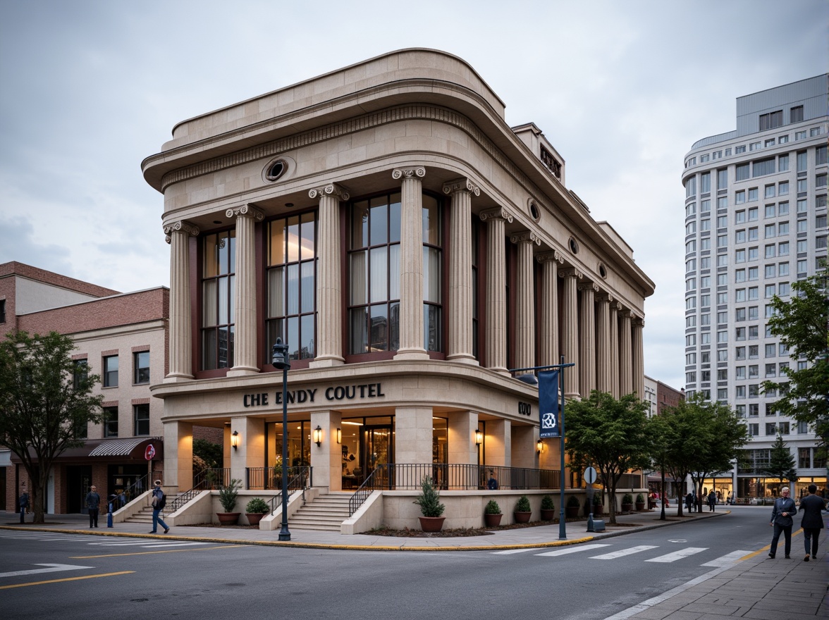 Prompt: Historic courthouse building, neoclassical fa\u00e7ade, ornate columns, grand entrance staircase, clock tower, civic square, urban streetscape, mixed-use development, pedestrian-friendly sidewalks, streetlights, bike lanes, green roofs, rainwater harvesting systems, natural stone cladding, bronze accents, rich wood tones, stately interior spaces, high ceilings, large windows, natural light, warm color palette, shallow depth of field, 2/3 composition, atmospheric perspective, realistic textures.