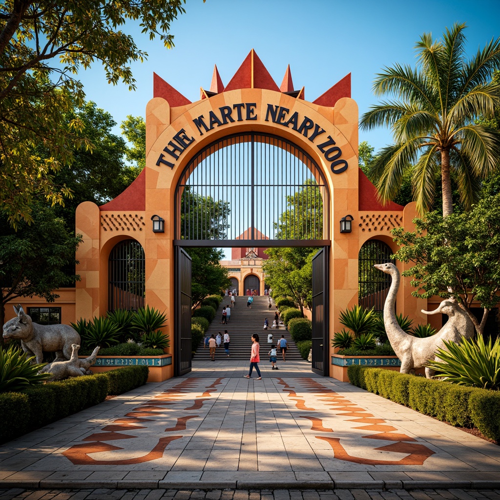 Prompt: Vibrant zoo entrance, ornate metal gates, Art Deco patterns, geometric shapes, bold typography, exotic animal sculptures, lush greenery, tropical plants, colorful tile work, curved lines, ornamental details, grand staircases, majestic archways, warm golden lighting, shallow depth of field, 1/1 composition, realistic textures, ambient occlusion.