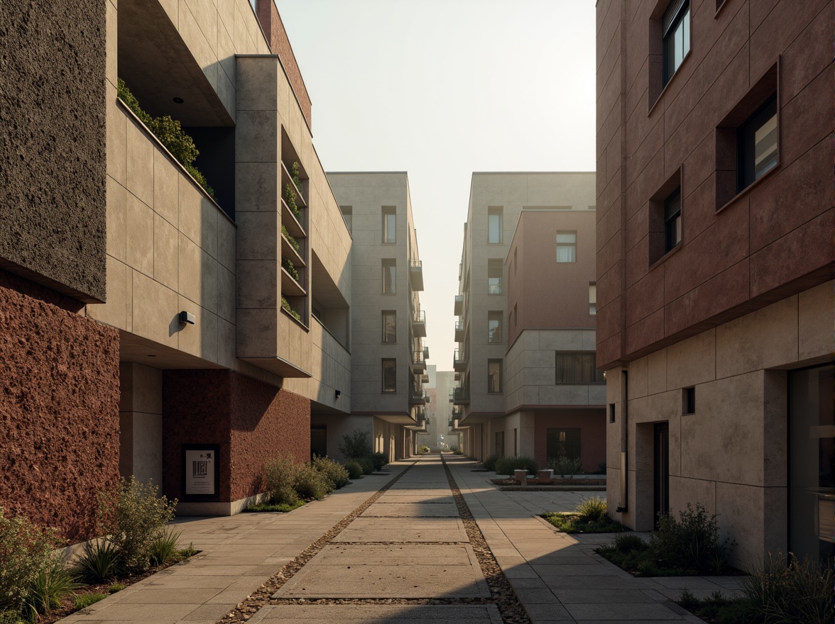 Prompt: Rugged brutalist architecture, raw concrete textures, industrial metal accents, weathered stone walls, bold geometric shapes, monochromatic color scheme, muted earth tones, deep charcoal grays, warm beige undertones, rich terracotta reds, dramatic shadows, high-contrast lighting, abstract composition, cinematic perspective, gritty realistic render, atmospheric fog, misty morning light, 1/2 composition, wide-angle lens, shallow depth of field.