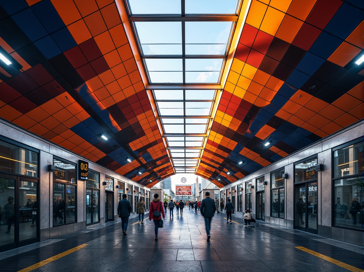 Prompt: Vibrant underground metro station, modern angular architecture, bright LED lighting, bold color scheme, contrasting warm and cool tones, dynamic movement patterns, futuristic digital displays, sleek metallic surfaces, glass partitions, urban cityscape, rush hour atmosphere, morning sunlight filtering through skylights, soft gradient shadows, 1/2 composition, symmetrical framing, high-contrast photography, realistic textures, ambient occlusion.