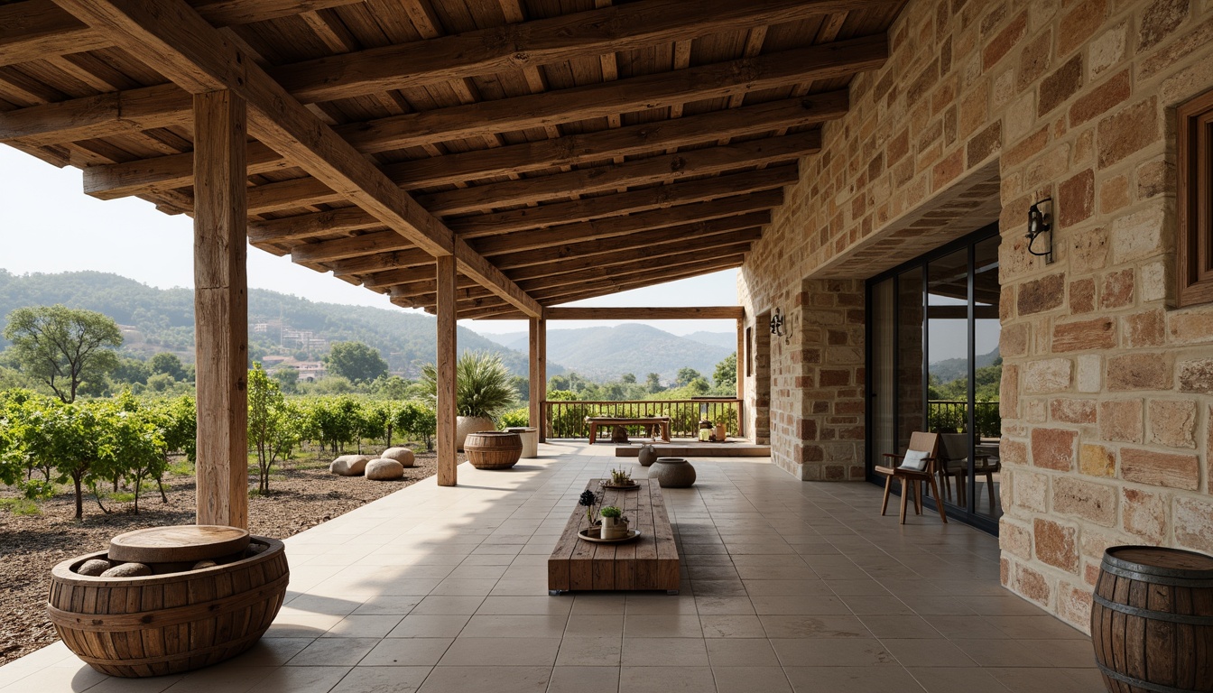 Prompt: Rustic winery, stone walls, wooden barrels, vineyard views, rolling hills, Mediterranean landscape, modern structuralist architecture, clean lines, minimalist design, industrial chic, metal accents, reclaimed wood, earthy tones, natural light, clerestory windows, open floor plan, functional spaces, wine cellar, tasting room, fermentation tanks, oak aging rooms, rustic decor, warm ambient lighting, shallow depth of field, 2/3 composition, realistic textures, ambient occlusion.