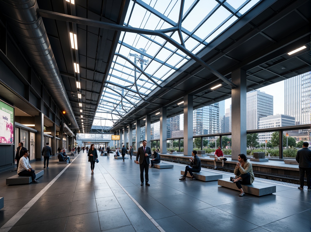 Prompt: Modern transportation hub, sleek metal fa\u00e7ade, glass roofs, polished concrete floors, industrial-style lighting, exposed ductwork, minimalist seating areas, stainless steel handrails, LED signage, dynamic digital displays, futuristic architecture, high-tech materials, metallic accents, reflective surfaces, angular lines, urban cityscape, bustling atmosphere, morning rush hour, soft natural light, shallow depth of field, 1/1 composition, realistic textures, ambient occlusion.