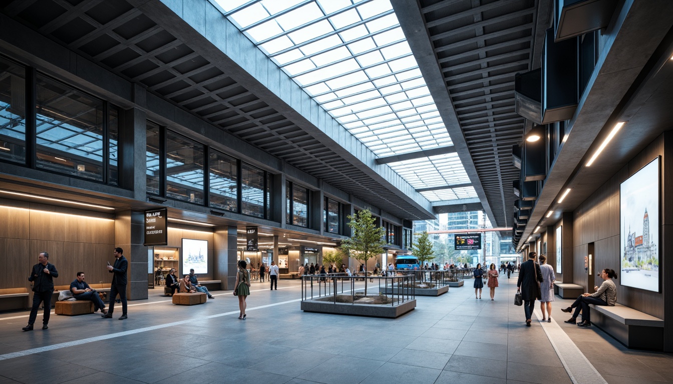 Prompt: Modern transportation hub, sleek metal fa\u00e7ade, glass roofs, polished concrete floors, industrial-style lighting, exposed ductwork, minimalist seating areas, stainless steel handrails, LED signage, dynamic digital displays, futuristic architecture, high-tech materials, metallic accents, reflective surfaces, angular lines, urban cityscape, bustling atmosphere, morning rush hour, soft natural light, shallow depth of field, 1/1 composition, realistic textures, ambient occlusion.