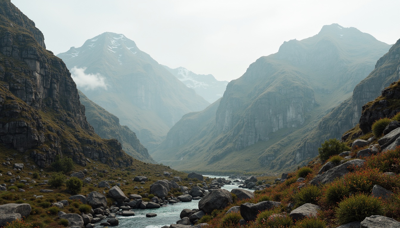 Prompt: Majestic mountain range, rugged rocky formations, serene misty atmosphere, earthy tone color palette, moss-covered stones, weathered wooden accents, natural linen textures, soft warm lighting, shallow depth of field, 1/2 composition, realistic rock details, ambient occlusion, gentle fog effects, subtle gradient skies, creamy whites, soothing blues, muted greens, rusty reds, earthy browns.