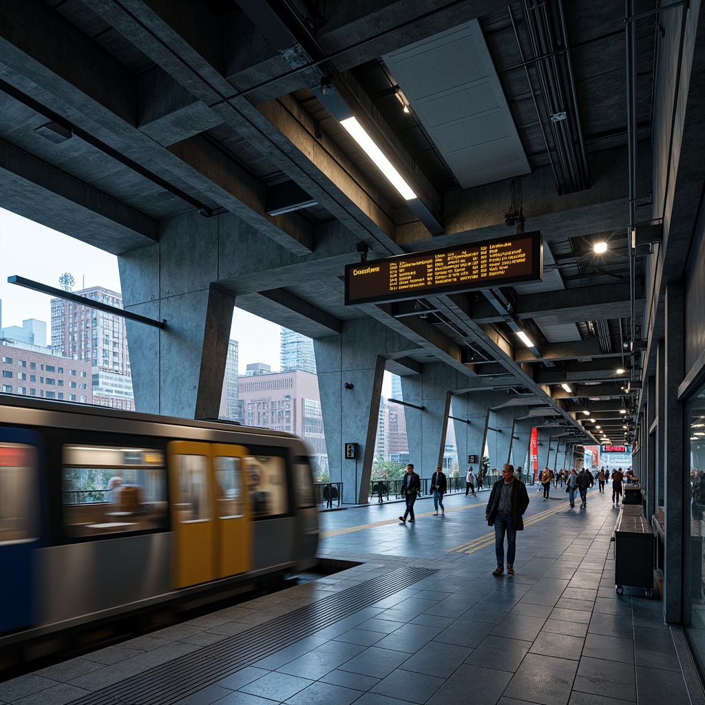 Prompt: Urban metro station, modern architecture, sleek lines, industrial materials, exposed concrete, stainless steel columns, LED lighting systems, futuristic ambiance, bustling pedestrian traffic, rush hour atmosphere, vibrant city life, high-contrast colors, metallic textures, reflective surfaces, angular compositions, 1/1 aspect ratio, dramatic shadows, low-key lighting, realistic renderings, ambient occlusion.