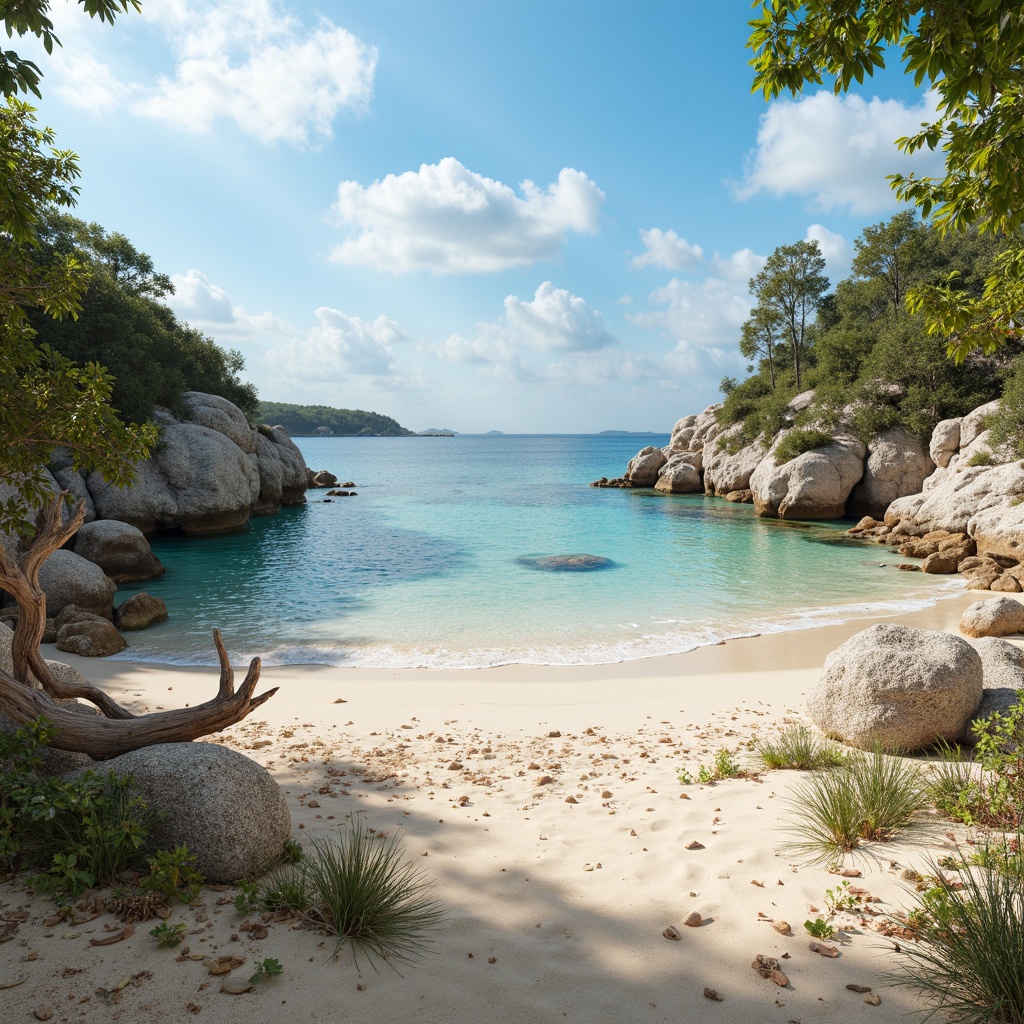 Prompt: Warm sandy beaches, crystal-clear turquoise water, driftwood, seaside rocks, beachy grasses, ocean breeze, sunny day, soft warm lighting, shallow depth of field, 3/4 composition, panoramic view, realistic textures, ambient occlusion, calming color palette, soothing pastel hues, gentle blues, creamy whites, weathered wood tones, natural earthy shades.