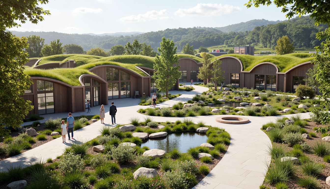 Prompt: Vibrant community center, lush green roofs, natural stone walls, curved lines, modern architecture, large windows, sliding glass doors, outdoor recreational spaces, walking trails, seating areas, public art installations, native plant species, blooming flowers, sunny day, soft warm lighting, shallow depth of field, 3/4 composition, panoramic view, realistic textures, ambient occlusion, water features, ponds, fountains, rain gardens, permeable pavers, green infrastructure, sustainable design, eco-friendly materials, innovative stormwater management systems.