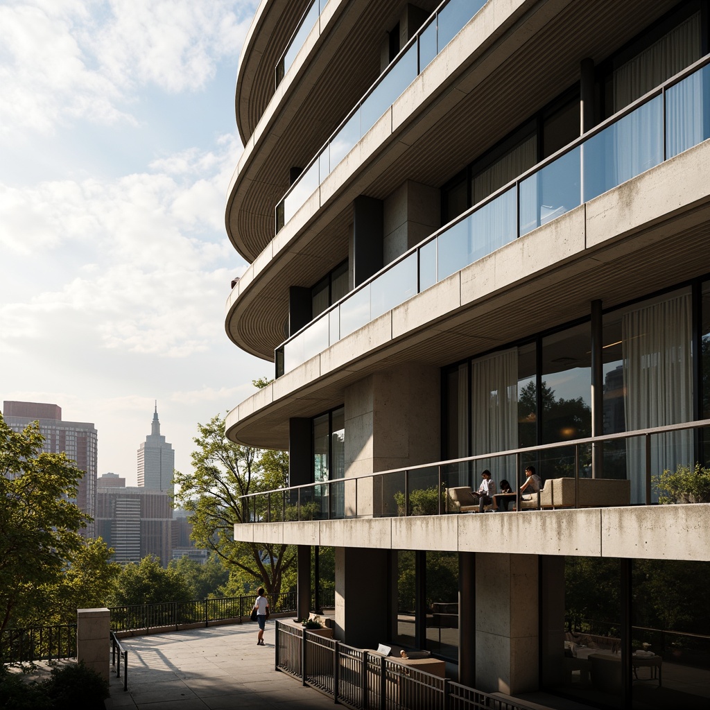 Prompt: Curved building facade, Art Deco inspirations, metallic materials, chrome accents, horizontal lines, rounded corners, minimalist ornamentation, large windows, sliding glass doors, balconies with metal railings, urban cityscape, morning sunlight, soft warm lighting, shallow depth of field, 3/4 composition, panoramic view, realistic textures, ambient occlusion.