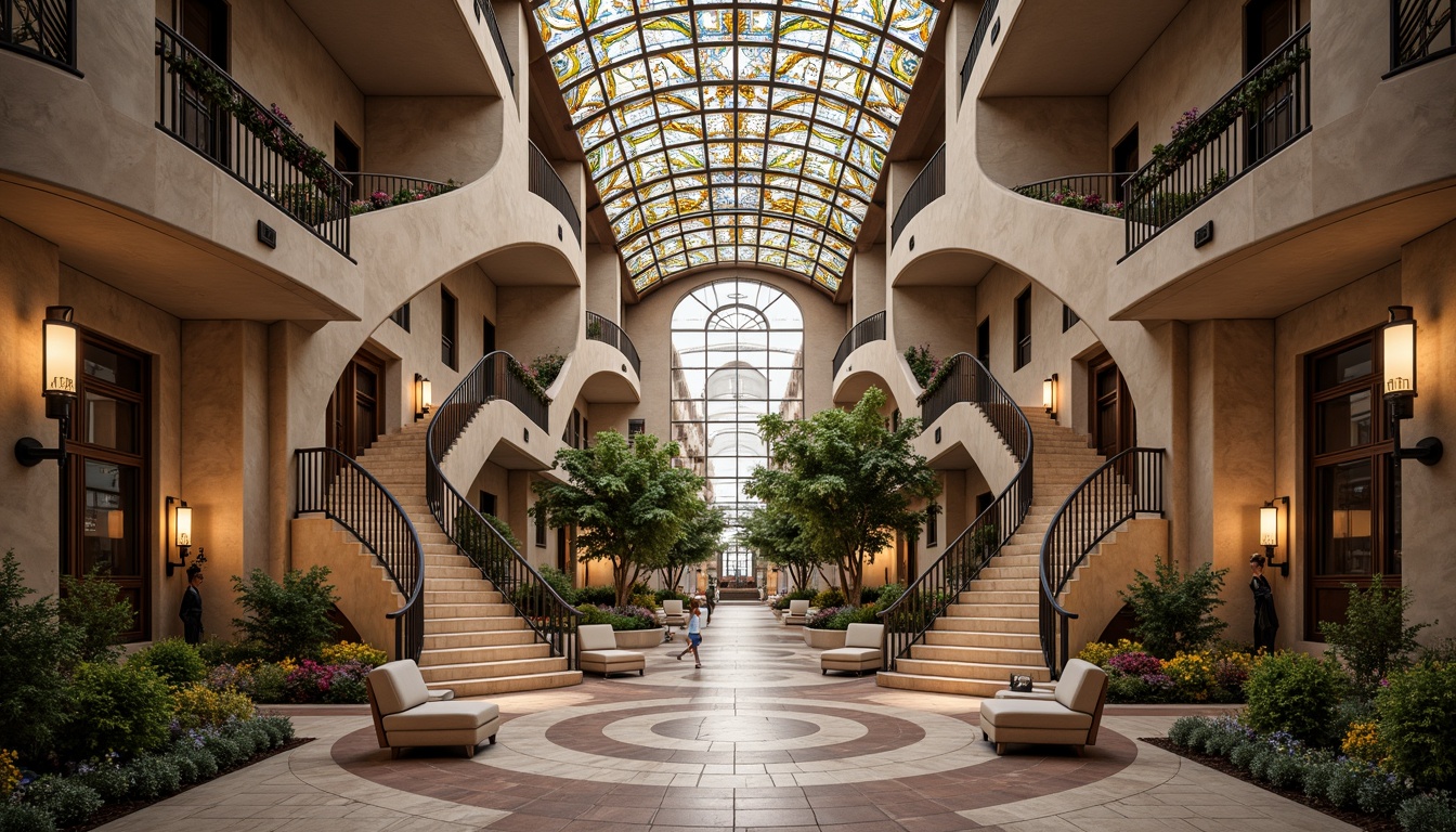 Prompt: Grand hospital facade, flowing organic lines, sinuous curves, ornate metalwork, stained glass windows, vibrant floral patterns, elegant archways, sweeping staircases, intricate mosaics, polished marble floors, ornamental columns, luxurious furnishings, soft warm lighting, shallow depth of field, 1/1 composition, realistic textures, ambient occlusion.