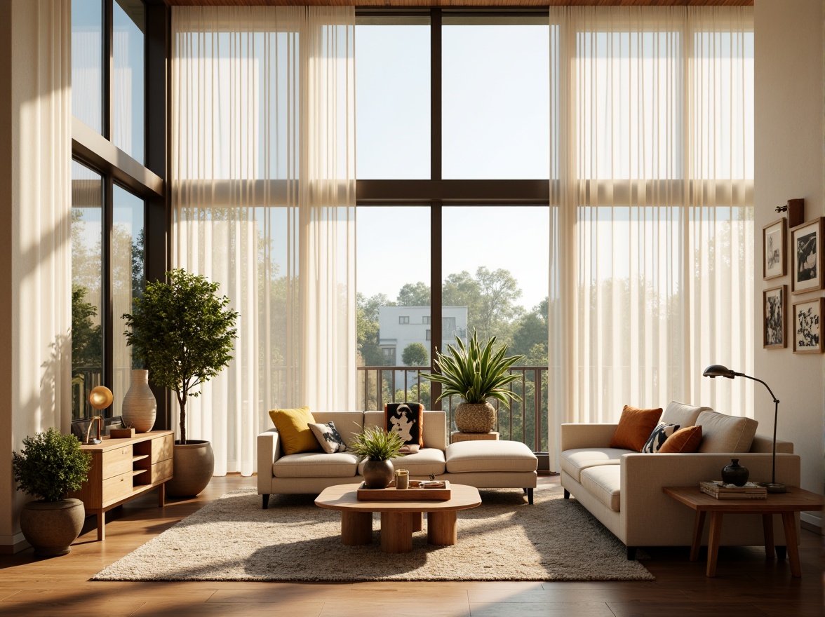 Prompt: Vibrant living room, floor-to-ceiling windows, sheer white curtains, warm natural light, soft shadows, comfortable seating area, wooden coffee table, plush sofas, greenery plants, modern minimalist decor, neutral color palette, subtle textures, 1/1 composition, shallow depth of field, realistic rendering.