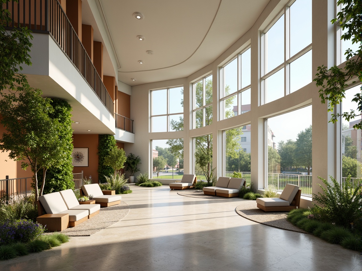 Prompt: Spacious hospital lobby, high ceilings, large windows, natural stone floors, greenery walls, abundant sunlight, warm atmosphere, modern architecture, curved lines, minimal ornamentation, functional furniture, soft cushioning, calming color palette, nature-inspired artwork, peaceful ambiance, shallow depth of field, 1/1 composition, realistic textures, ambient occlusion.