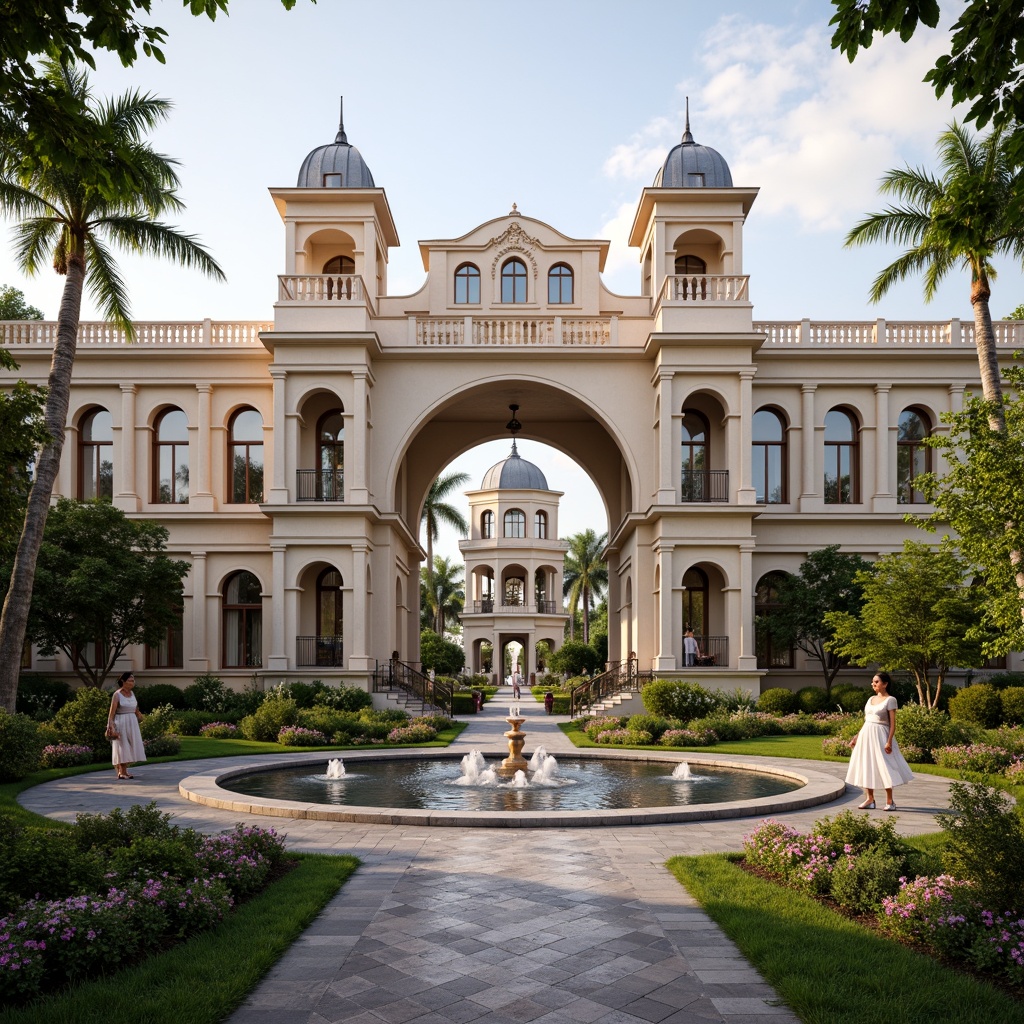 Prompt: Grand symmetrical entrance, majestic archways, identical twin towers, harmonious column arrangements, mirrored fa\u00e7ades, perfectly aligned windows, ornate central domes, lush greenery, vibrant flowerbeds, manicured lawns, natural stone pathways, elegant fountains, serene water features, soft warm lighting, shallow depth of field, 1/1 composition, realistic textures, ambient occlusion.