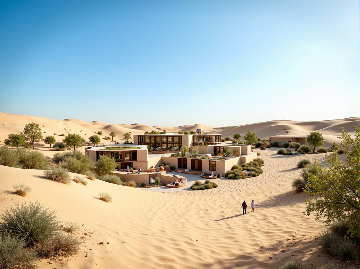 Prompt: Desert oasis, sandy dunes, cactus plants, hot sunny day, clear blue sky, vast open space, modern curved architecture, organic shapes, earthy tones, natural stone walls, wooden accents, green roofs, eco-friendly materials, sustainable energy solutions, solar panels, wind turbines, water conservation systems, minimalist design, Arabic-inspired patterns, vibrant colorful textiles, intricate geometric motifs, seamless integration with surroundings, subtle transitions, blending boundaries, soft warm lighting, high dynamic range, realistic textures, ambient occlusion.