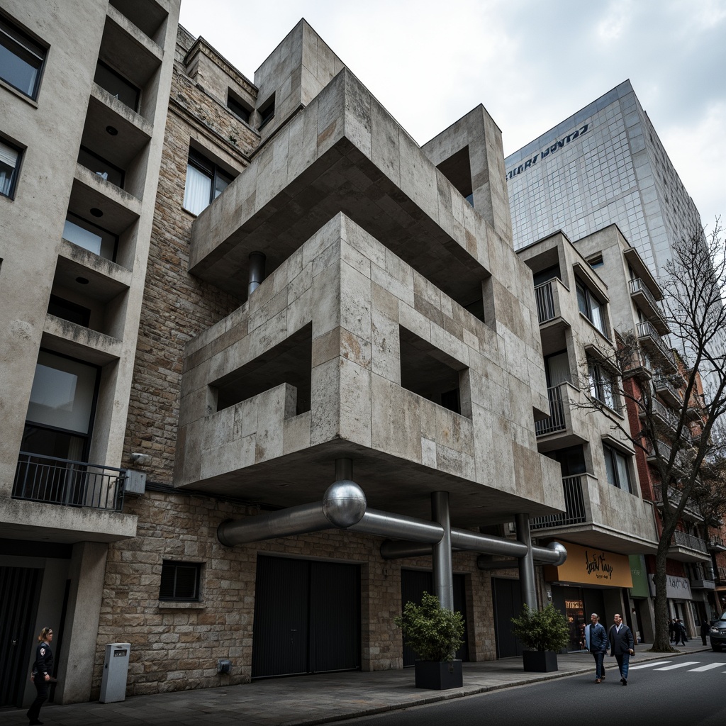 Prompt: Rustic brutalist building, exposed concrete facade, rugged stone walls, metallic beams, industrial pipes, urban cityscape, overcast sky, dramatic shadows, high-contrast lighting, abstract geometric patterns, fragmented forms, deconstructivist architecture, brutalist aesthetics, raw unfinished textures, monochromatic color scheme, bold structural elements, cantilevered volumes, dynamic diagonal lines, 1/2 composition, low-angle shot, cinematic atmosphere.