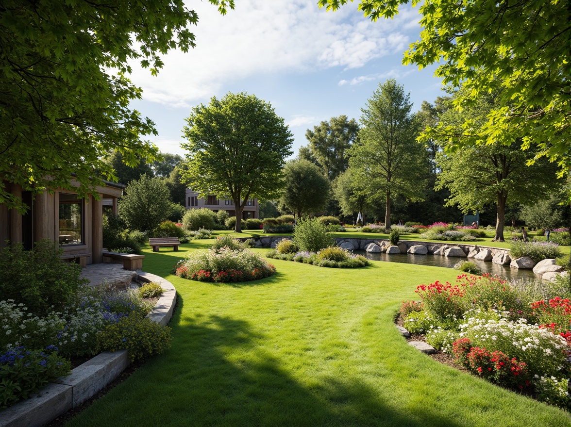 Prompt: Lush green lawn, vibrant flowerbeds, ornamental trees, meandering pathways, rustic stone walls, wooden fences, serene water features, tranquil ponds, colorful garden benches, natural rock formations, blooming shrubs, sunny day, soft warm lighting, shallow depth of field, 3/4 composition, panoramic view, realistic textures, ambient occlusion.