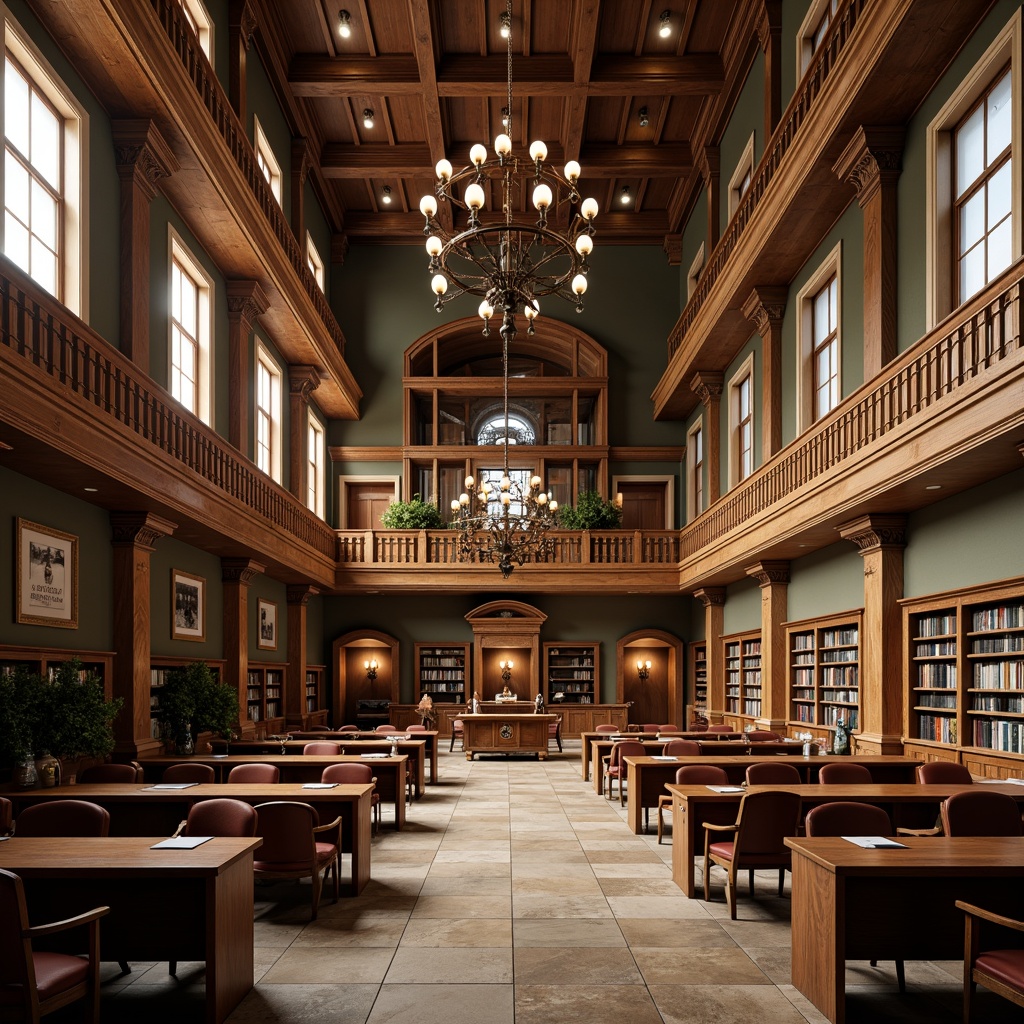 Prompt: Grandiose lecture halls, wooden podiums, comfortable seating areas, natural stone flooring, elegant chandeliers, tall windows, soft warm lighting, ornate moldings, classical columns, rich wood paneling, vintage furniture, sophisticated color schemes, cozy reading nooks, floor-to-ceiling bookshelves, inspirational quotes, motivational artwork, academic badges, historic photographs, prestigious trophies, refined ambiance, shallow depth of field, 2/3 composition, realistic textures, ambient occlusion.