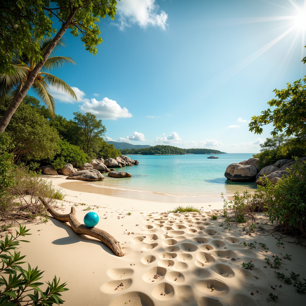 Prompt: Warm sandy dunes, clear turquoise water, soft ocean breeze, driftwood textures, sea shells, coral reefs, tropical plants, vibrant beach balls, colorful surfboards, sunny day, gentle warm lighting, shallow depth of field, 3/4 composition, panoramic view, realistic textures, ambient occlusion.